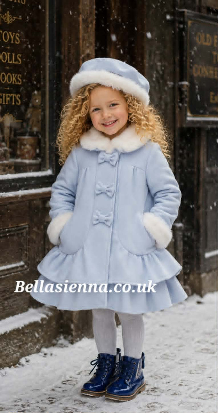 Sarah Louise Girls Baby Blue Traditional Style Coat With White Fur Trim