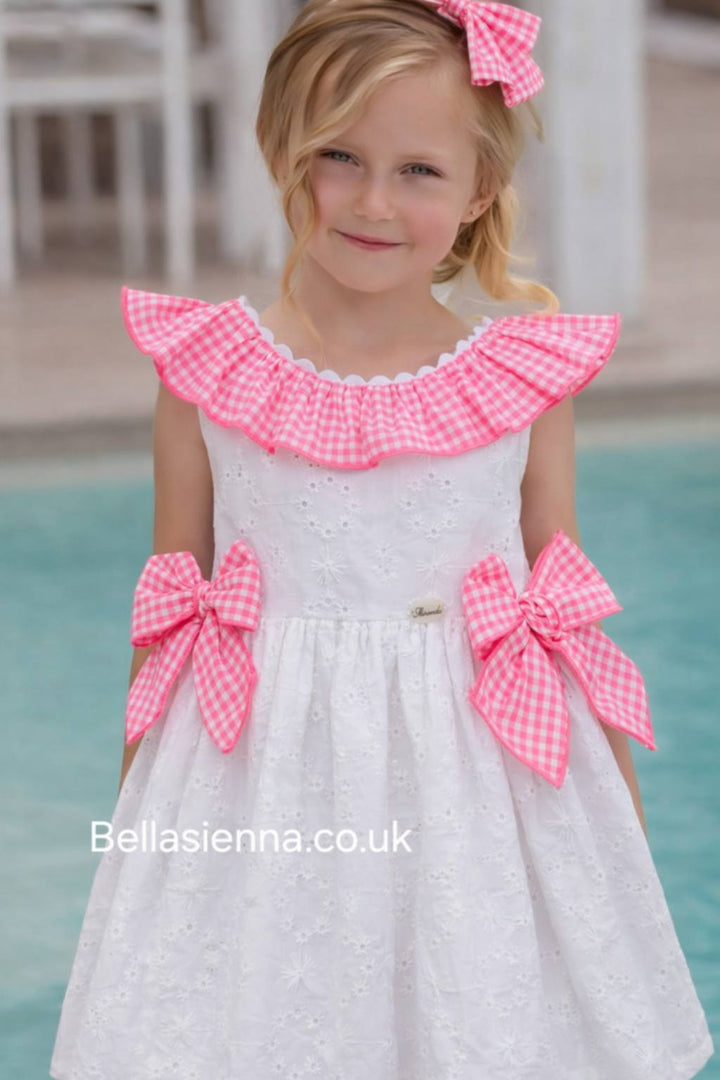 Miranda Girls White Dress With Bright Pink Bows & Frilly Collar - 0604/V