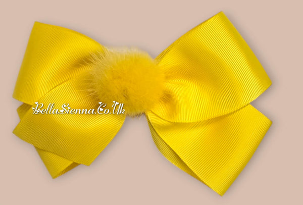 Bowtique London 4 Inch Yellow Grosgrain Medium Size Hair Bow With Fur Pom