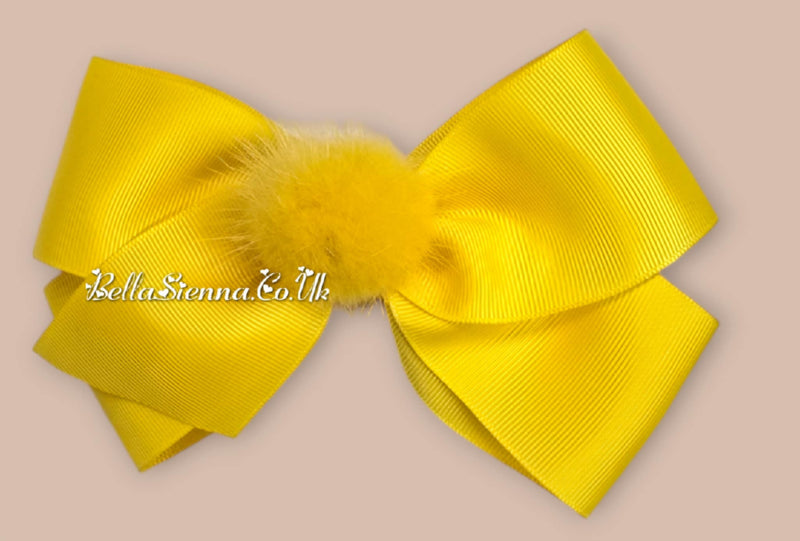 Bowtique London 6 Inch Yellow Grosgrain Large Hair Bow With Fur Pom