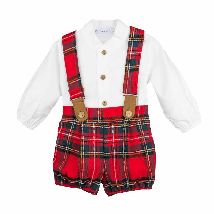 Calamaro Red Tartan Boys Outfit With Braces - 11092