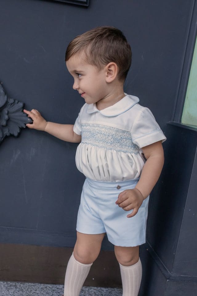 Naxos Ivory & Blue Hand Smocked Boys Two Piece Outfit - 7610