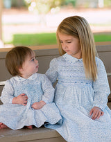 Sarah Louise Blue & White Floral Hand Smocked Dress -011318