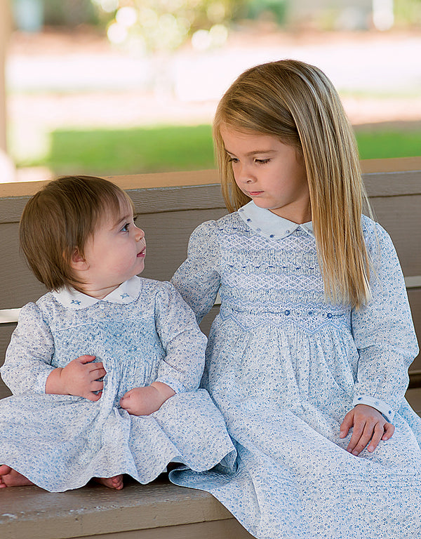 Sarah Louise Blue & White Floral Hand Smocked Dress -011318
