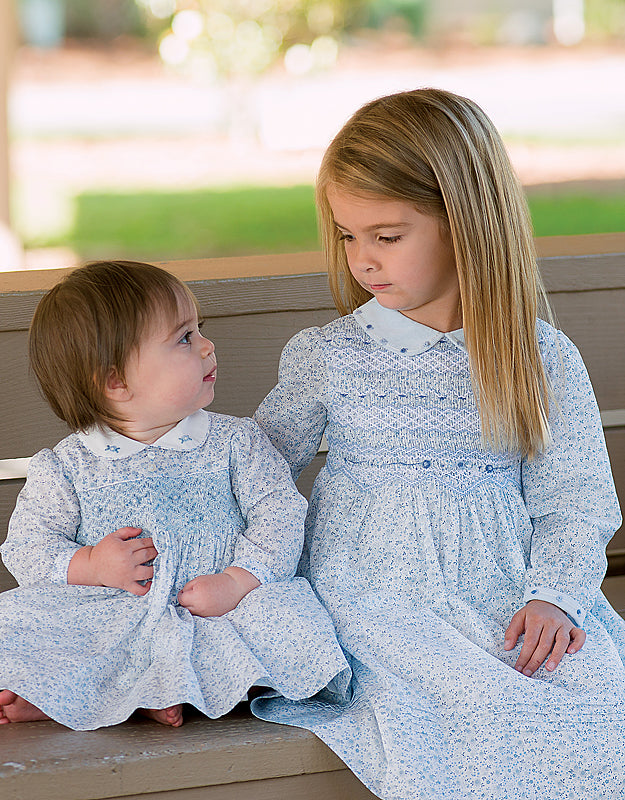 Sarah Louise Blue & White Floral Hand Smocked Dress -011318