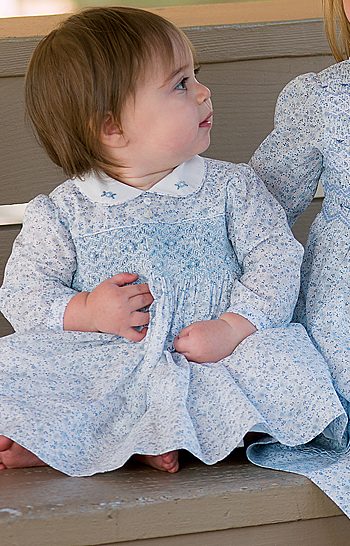 Sarah Louise Blue & White Floral Hand Smocked Dress -011318