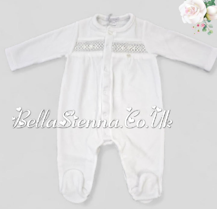 Unisex White Velour With Grey Smocking Detail Sleepsuit Babygrow - PP0303