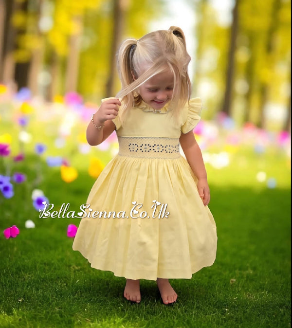 Pretty Originals Girls Lemon, Blue & Navy Hand Smocked Traditional Dress - BD02307