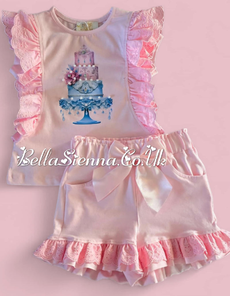 Pink "Cake" Anglaise & Bow Frilly Shorts Set - 3628