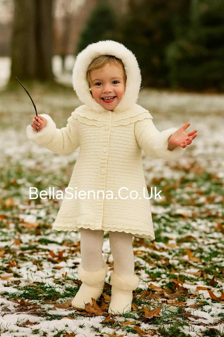 Sarah Louise Girls Ivory Knitted Coat With Faux Fur Trim 008187