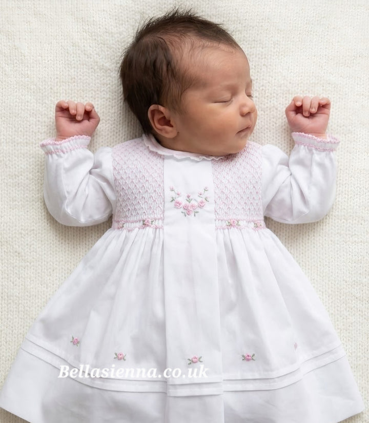 Sarah Louise White & Pink Smocked Long Sleeved Dress - Heritage Collection - C7002