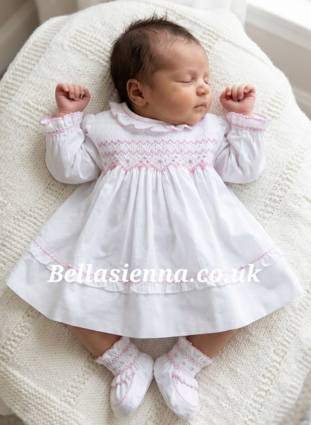Sarah Louise White & Pink Smocked Dress With Matching Frilly Pants - 011259