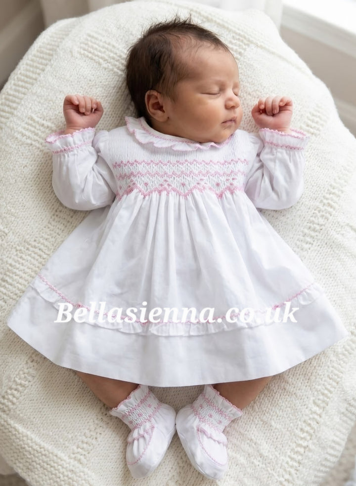 Sarah Louise White & Pink Smocked Dress With Matching Frilly Pants - 011259
