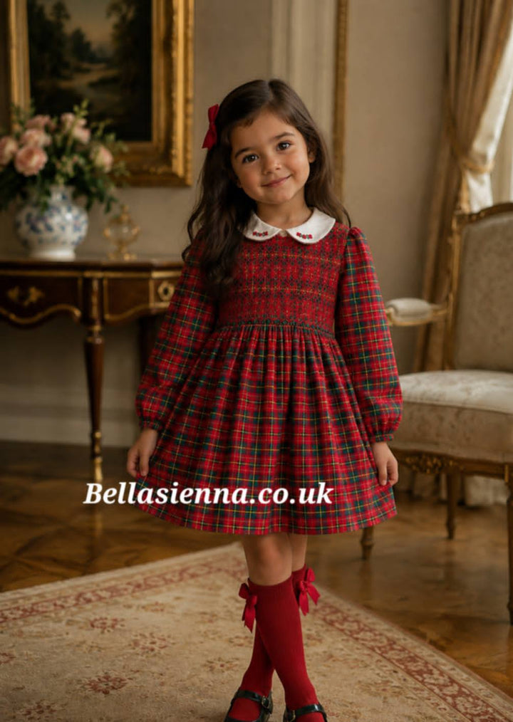 Sarah Louise Girls Red & Bottle Green Tartan Hand Smocked Dress - 013968