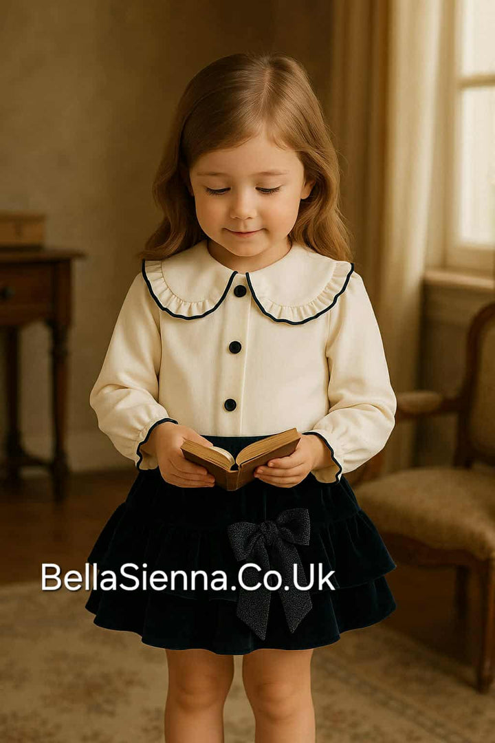 Calamaro Girls Blouse & Navy Velvet Skort With Sparkly Detail - 11260