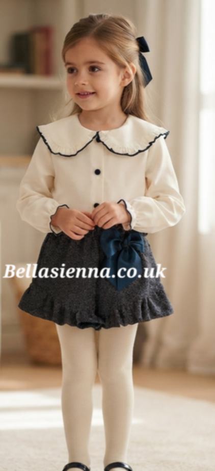 Calamaro Girls Blouse & Navy Sparkly Shorts With Velvet Bow - 11262