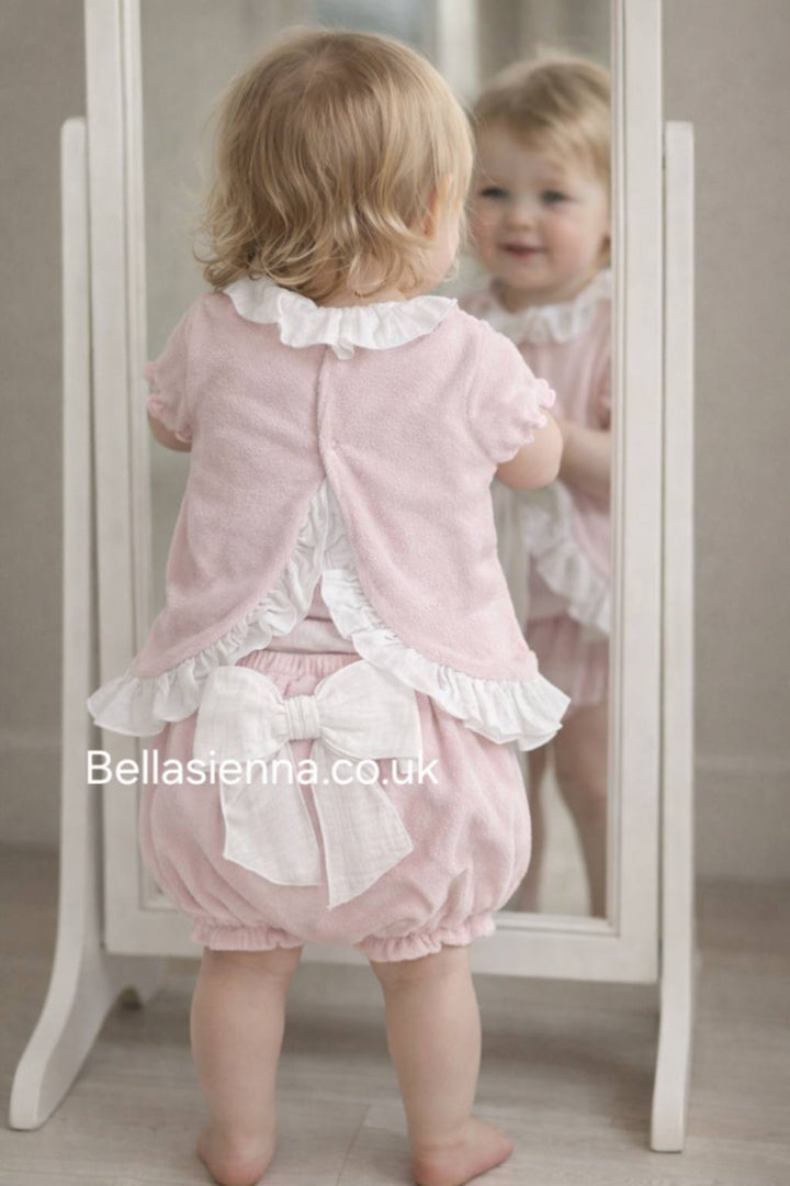 Calamaro Baby Pink Towelling Two Piece Jam Pants Set With Split Back & Bow Jam Pants- 11281