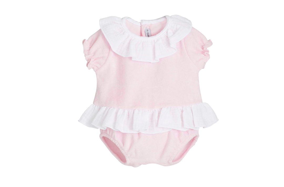 Calamaro Baby Pink Towelling Two Piece Jam Pants Set With Split Back & Bow Jam Pants- 11281