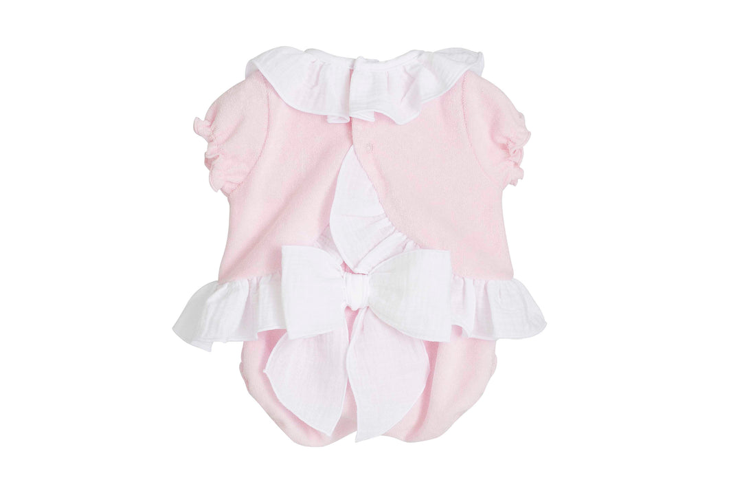 Calamaro Baby Pink Towelling Two Piece Jam Pants Set With Split Back & Bow Jam Pants- 11281