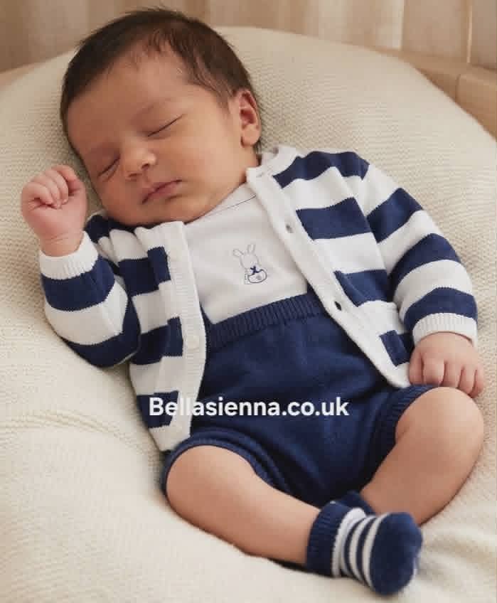 Mayoral Baby Newborn Boys White And Navy Blue Fine Knitted Three Piece Set - 1204