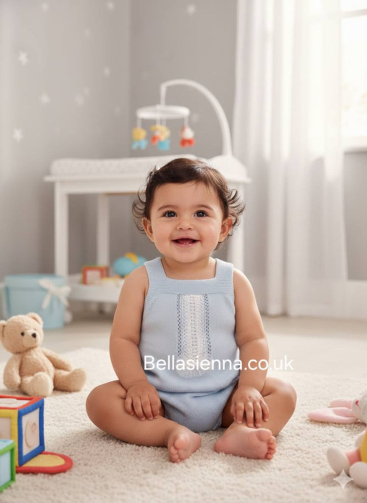 Granlei Blue Knitted Romper With Tulle Bow - 122-512