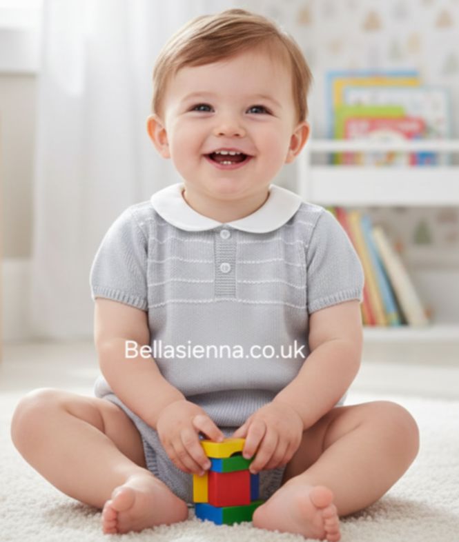 Granlei Baby Boys Fine Knitted Summer Grey Romper/Shortie 122183