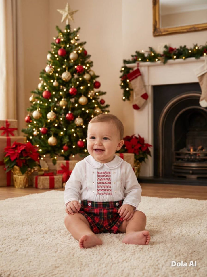Sarah Louise Boys Red & Bottle Green Tartan Two Piece Hand Smocked Suit - 013967