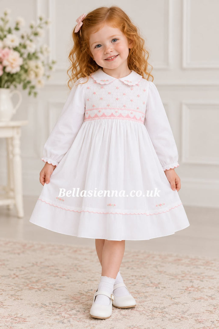Sarah Louise Hand Smocked Ivory & Pink Dress - 012784