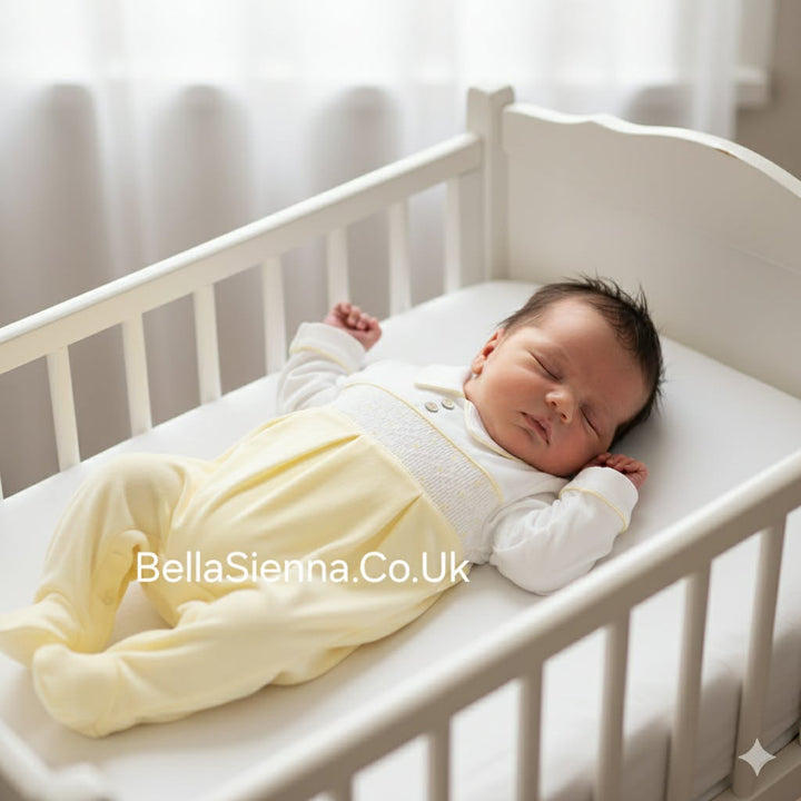 Unisex Smocked Lemon & White All In One Babygrow, Sleepsuit - MB6478