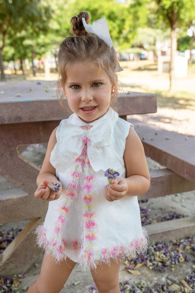 Naxos Girls White Jacquard Dress & Pants Set With Multicolour Trim - 7712