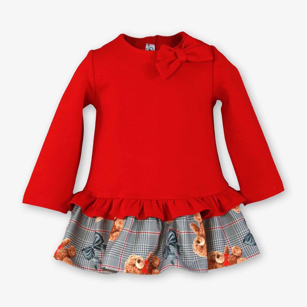 PRE-ORDER - Miranda Baby Girls Red "Teddy Bear" Dress - 0152-V
