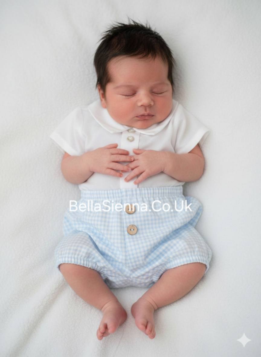 Calamaro Baby Peter Pan Shirt & Jam Pants Set - White & Blue Gingham - 16029
