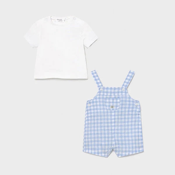 Mayoral White T-shirt & Blue & White Check Dungaree Set 1639
