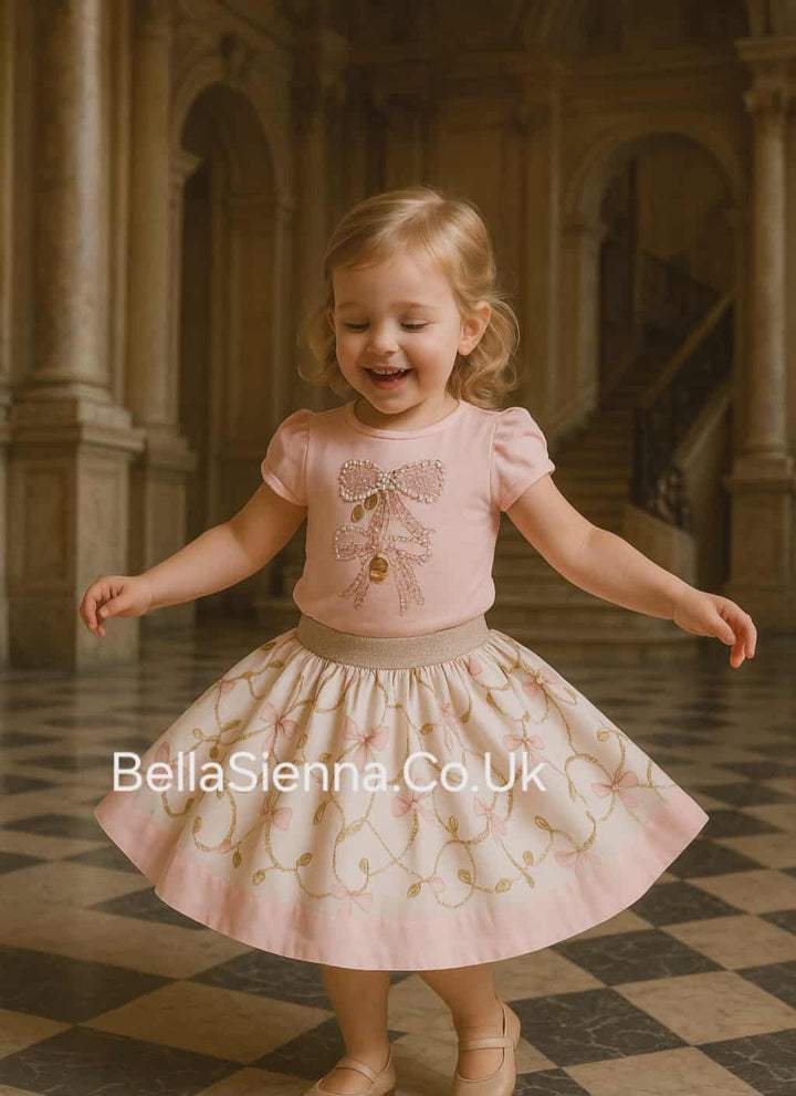 Peachy Pink "Bow" Skirt & Top Set With Pearl & Sparkle Detail -3608