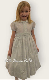 Sarah Louise Short Sleeved Blue & White Floral Hand Smocked Dress - 012966