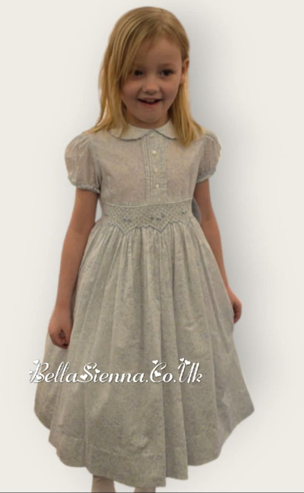 Sarah Louise Short Sleeved Blue & White Floral Hand Smocked Dress - 012966