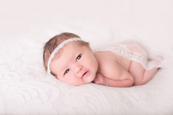 Cute Cute White delicate lace trim with Swarovski crystals and pearls- headband - Newborn
