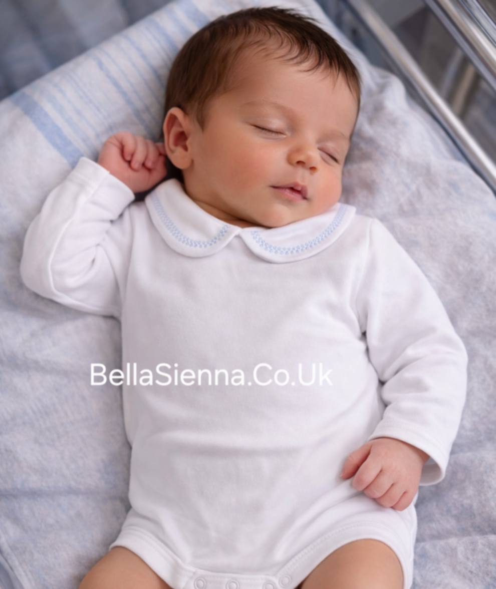 Calamaro White Long Sleeved Bodysuit With Collar Trimmed With Baby Blue - 19059