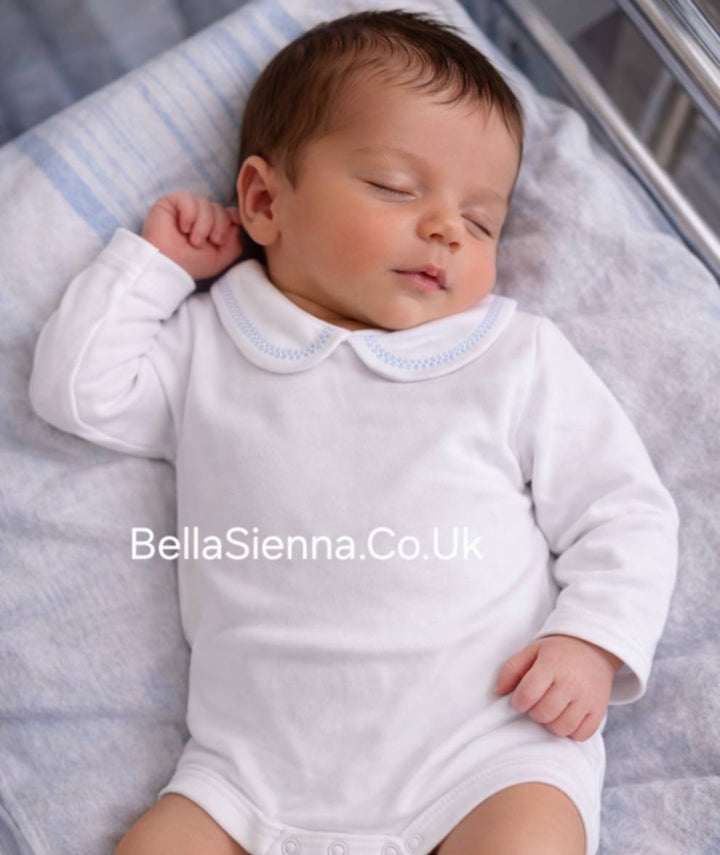 Calamaro White Long Sleeved Bodysuit With Collar Trimmed With Baby Blue - 19059