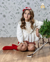 Abuela Tata Red & Cream Dog Tooth Three Piece Set - Jacket, Blouse & Shorts - 34099392