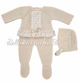 Girls Beige Three Piece Knitted Set With Ivory Lace & Bonnet - C9022