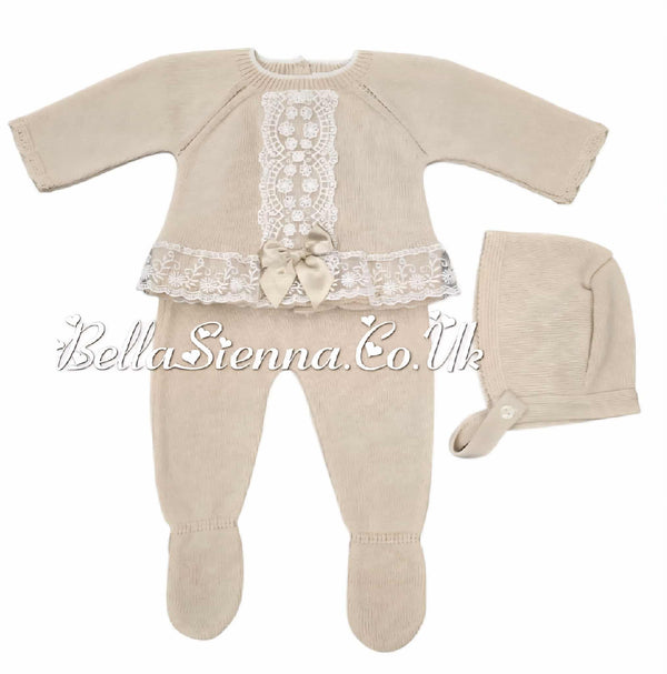 Girls Beige Three Piece Knitted Set With Ivory Lace & Bonnet - C9022
