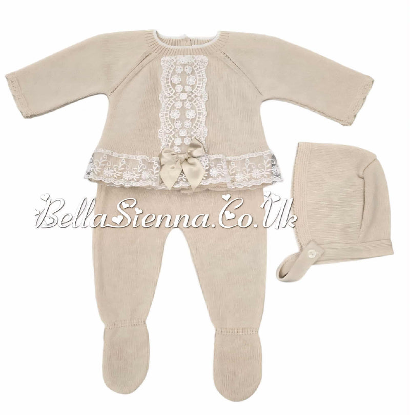 Girls Beige Three Piece Knitted Set With Ivory Lace & Bonnet - C9022