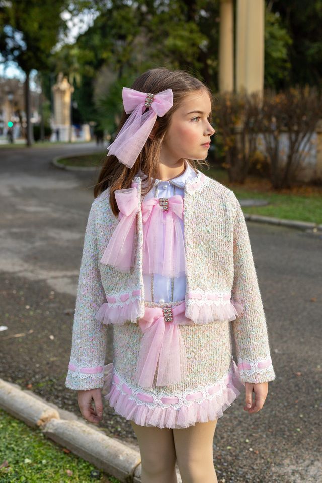 Naxos Girls Pink Tulle Hair Bow To Match The Skirt & Blouse Set - 7864
