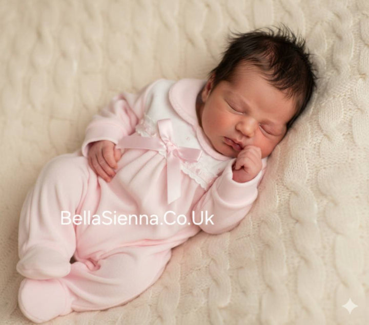 Girls Pink & White Velour All In One Babygrow With Diamante & Bow Detail- 6003