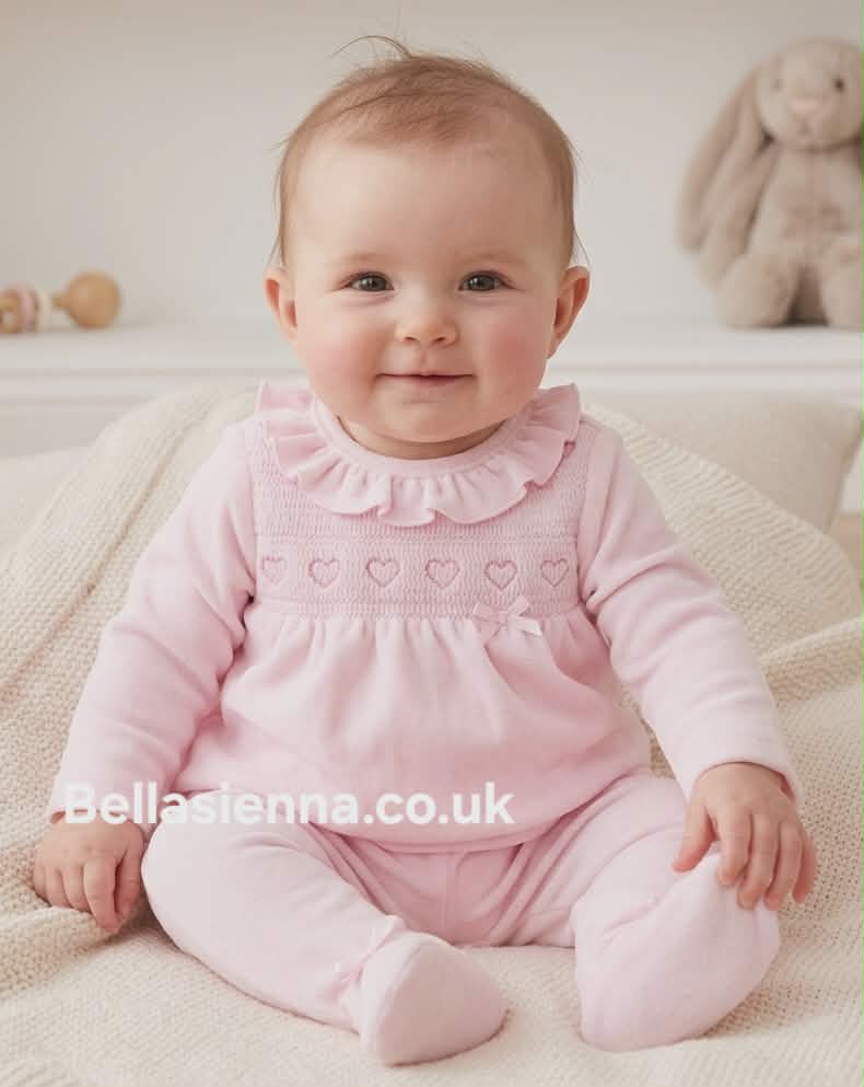 Blues Baby Pink Velour Smocked Heart 2 Piece BB0238