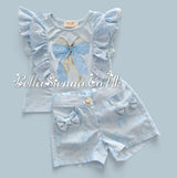 Blue "Bow" Anglaise Frill Shorts Set - S216