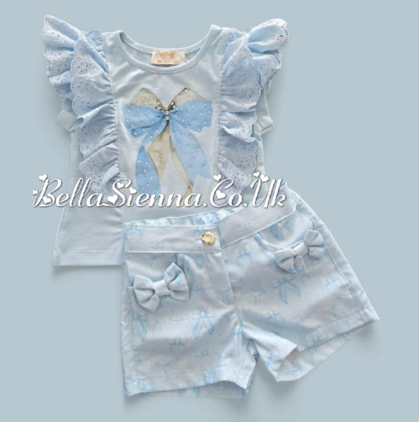 Blue "Bow" Anglaise Frill Shorts Set - S216