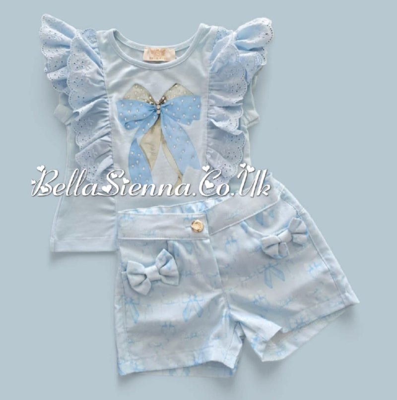 Blue "Bow" Anglaise Frill Shorts Set - S216