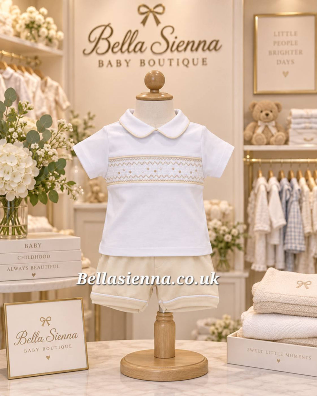 Beige & White Cotton, Smocked Boys Shorts Set - 301